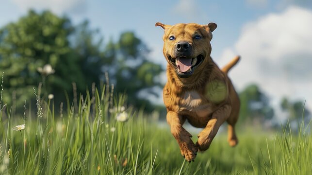 Happy Brown Dog Jumping Through Meadow, Banner Image For Website, Background, Desktop Wallpaper