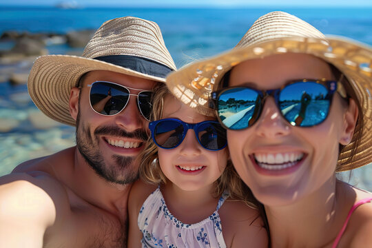 Happy family taking a selfie photo on a summer beach vacation