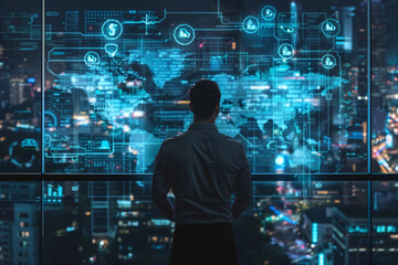 businessman looking at digital screen with icons of technology, data and global network on city background
