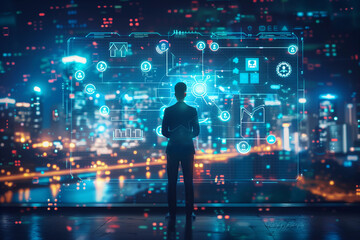 businessman looking at digital screen with icons of technology, data and global network on city background