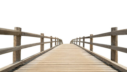  wooden bridge with sturdy railings extending into the distance, featuring a smooth plank surface. 