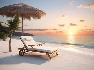 Fototapeta na wymiar Summer Beach lounge chair on white beach sunset sea view - 3D rendering By alim graphic