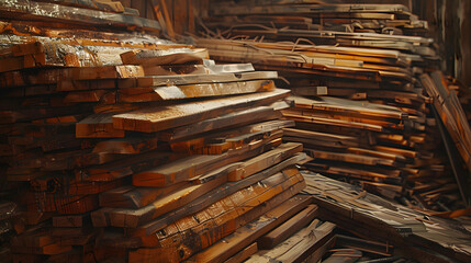 The wood lumber is piled up in a shop.