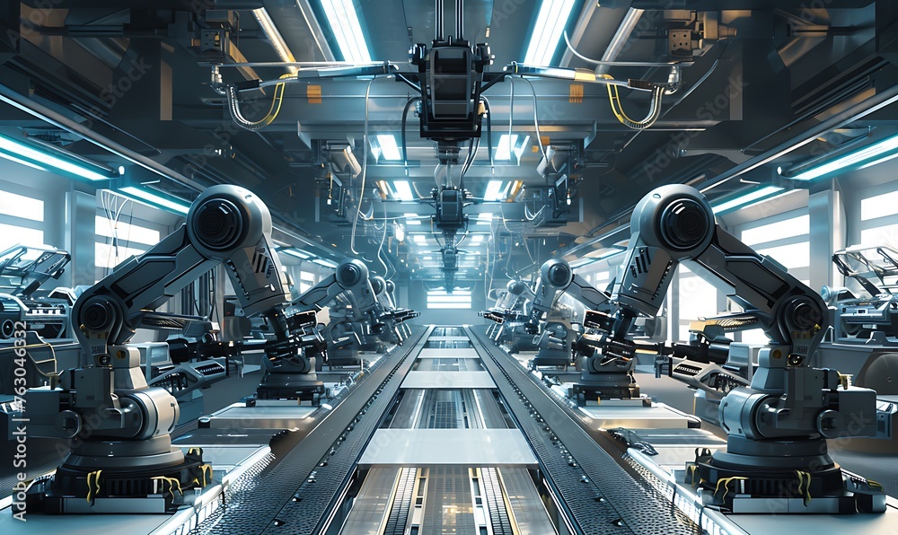 Aufkleber Efficient Car Factory, Robotic Assembly Line in Action