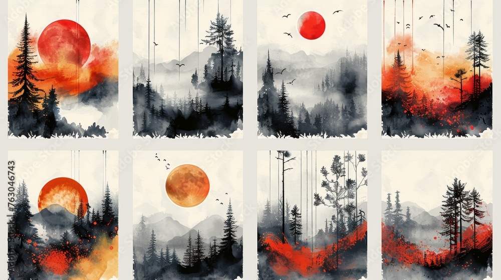 Poster isolated set of hand drawn ink textures with a modern background.
