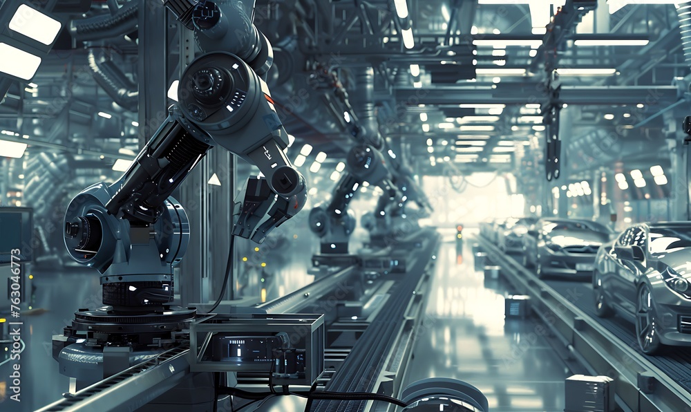 Poster efficient car factory, robotic assembly line in action