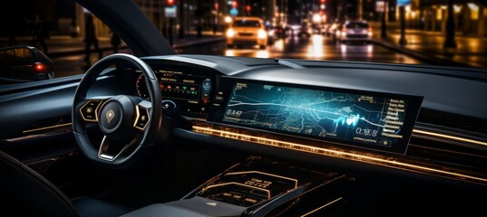 A detailed visual representation of the advanced smart car technology with an advanced heads up display and autonomous driving capabilities.A car navigating urban roads 