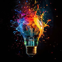 A dynamic moment captured as a light bulb bursts, releasing a vibrant spectrum of colorful paint against a stark black background