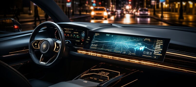 A detailed visual representation of the advanced smart car technology with an advanced heads up display and autonomous driving capabilities.A car navigating urban roads 