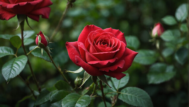 A red rose is in focus with a rosebud behind it.

