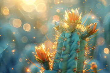 Cactus and flowers close-up backlit - obrazy, fototapety, plakaty
