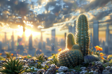 Cactus flowers and city skyline illuminated by sunset