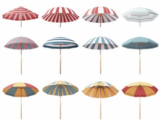 Fototapeta na wymiar A collection of beach umbrellas in various patterns and colors isolated on a white background