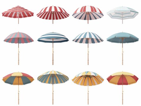 A collection of beach umbrellas in various patterns and colors isolated on a white background