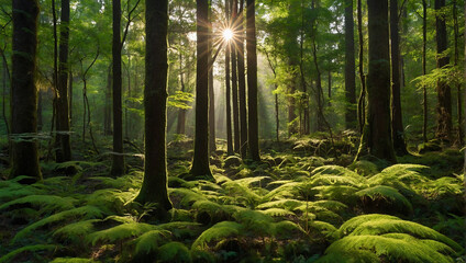 A photo of sunlight shining through the trees in a forest.

 - obrazy, fototapety, plakaty