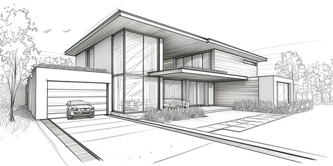 Sketch of modern house project with car in front