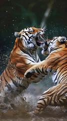 Fototapeta na wymiar Tigers clash in a dynamic wildlife scene