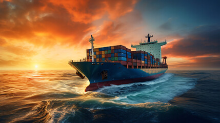 A cargo ship sailing across the vast ocean carrying go - obrazy, fototapety, plakaty