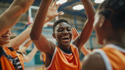 Youthful basketball team celebrating victory with high-fives and smiles on the court