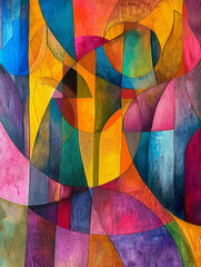 Abstract painting, geometric shapes, vibrant colors, symbolizing emotions and thoughts, in a surreal landscape Realistic, with an Overcast lighting effect, showcasing intricate details