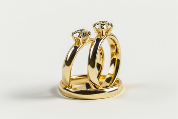 Detail of engagement gold rings standing perpendicular to each other on white isolated background. Elevated view.