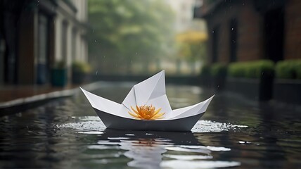 Photo of paper boat floating a stream in a lane - obrazy, fototapety, plakaty