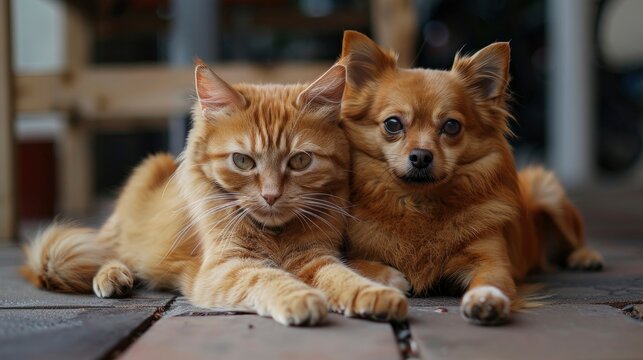 Orange Cat Spitz Dog Together Looking, Banner Image For Website, Background, Desktop Wallpaper