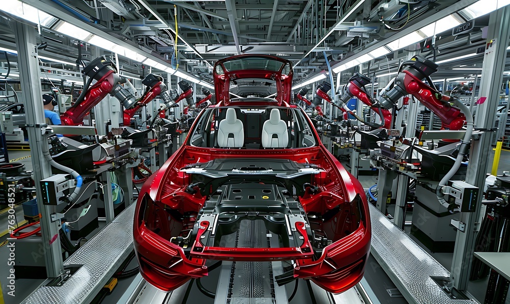 Aufkleber Efficient Car Factory, Robotic Assembly Line in Action