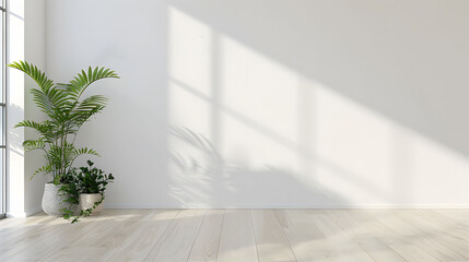 Fototapeta na wymiar Minimalist interior design of an empty room with a white wall and wooden floor, green plants in pots on the side. Simple and clean interior with bright natural light from a window. Copy space.