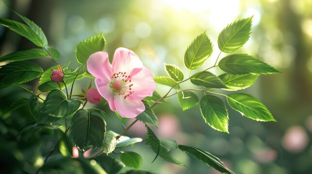 Pink Rosehip Flower Blossoming Among Leave, Banner Image For Website, Background, Desktop Wallpaper