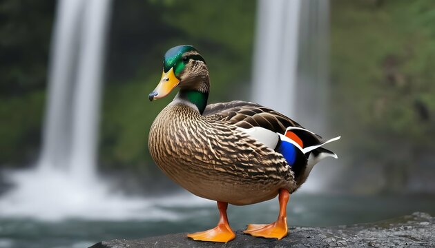 A Duck With Vibrant Feathers Standing By A Waterfa Upscaled 3