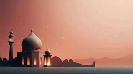 Fotobehang islamic ramadan background, eid al fitri, iftar, eid al adha, beautiful mosque and lantern background. camel in the middle of the desert with mosque © rafliand