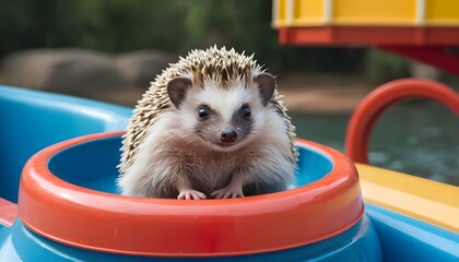 A Hedgehog Sitting On A Water Ride Upscaled 9 2 - obrazy, fototapety, plakaty