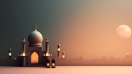 Obraz premium islamic ramadan background, eid al fitri, iftar, eid al adha, beautiful mosque and lantern background. camel in the middle of the desert with mosque
