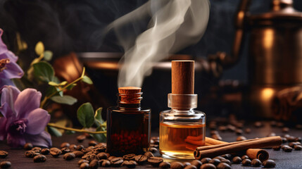 A closeup of coffee essential oil releasing