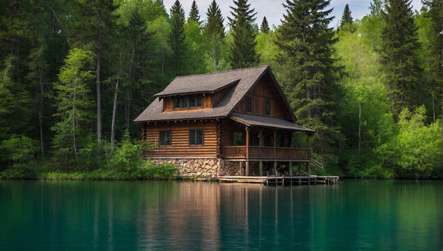 A wooden cabin on a lake surrounded by trees

