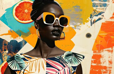 Fashionable african american woman in sunglasses on abstract background