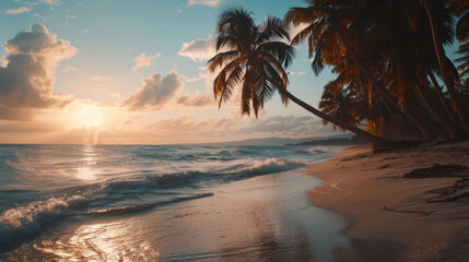 Fototapeta na wymiar Tropical Beach Sunset with Silhouetted Palm Trees