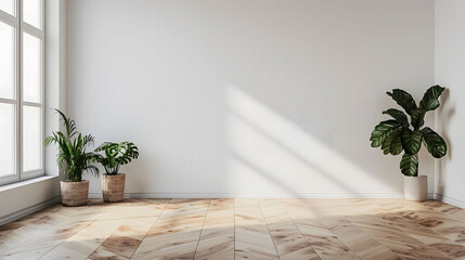 Minimalist interior design of an empty room with a white wall and wooden floor, green plants in pots on the side. Simple and clean interior with bright natural light from a window. Copy space. - obrazy, fototapety, plakaty
