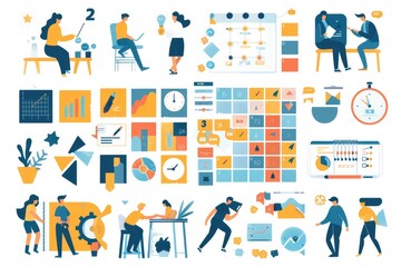 A vibrant collection of illustrated office scenes depicts a range of business and time management activities, with workers busy at presentations, strategy discussions, and analyzing data.