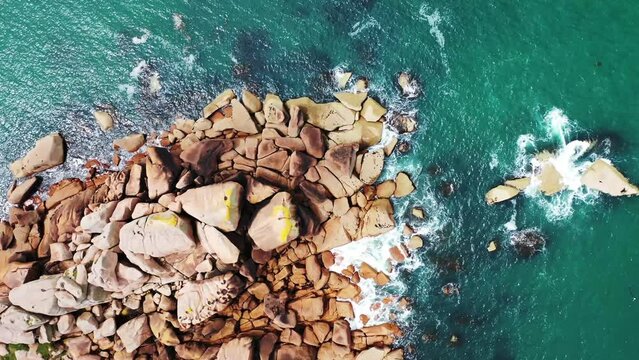 Pink granite coast landscape, drone in 4k Brittany, France	