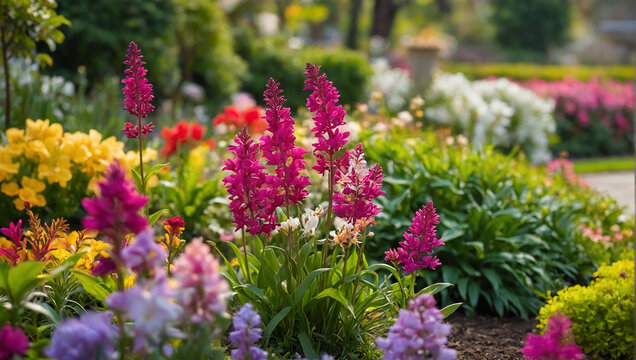 A garden of flowers with white, pink, and purple flowers.