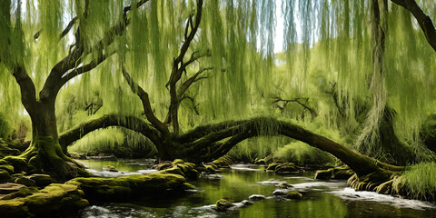 Whispering Willow Grove. Beneath ancient willow trees, their long branches trailing in a silver rive - obrazy, fototapety, plakaty