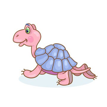 Cute little pink turtle crawling. Vector cartoon illustration. Isolated on white background.