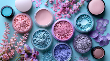 Top view of blush, powder, eyeshadow in pastel colors on light blue background with flowers - obrazy, fototapety, plakaty