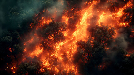 Wildfire forest fire burning. Top view of forest fire - obrazy, fototapety, plakaty