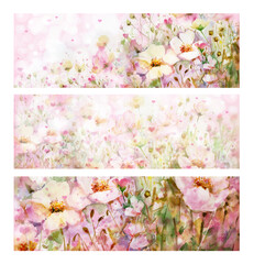 Floral pink banners. Watercolor flowers. Illustrations.