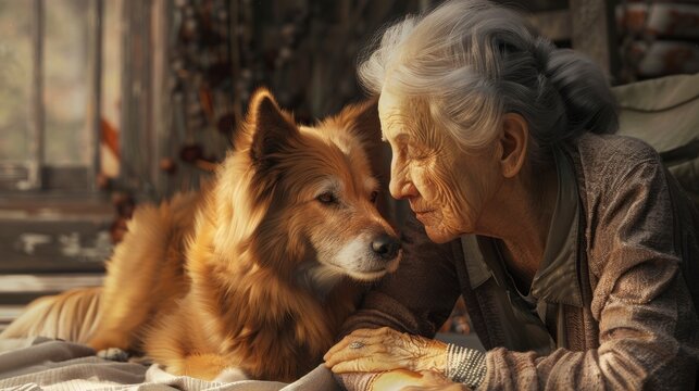Senior Woman Resting Stroking Her Dog, Banner Image For Website, Background, Desktop Wallpaper