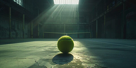 A Close-Up Study of a Tennis Ball Amidst the Intensity of a Tennis Court in Twilight, Illuminated by Majestic Stadium Lights - obrazy, fototapety, plakaty