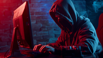Hacker man hacking data system in a dimly light room